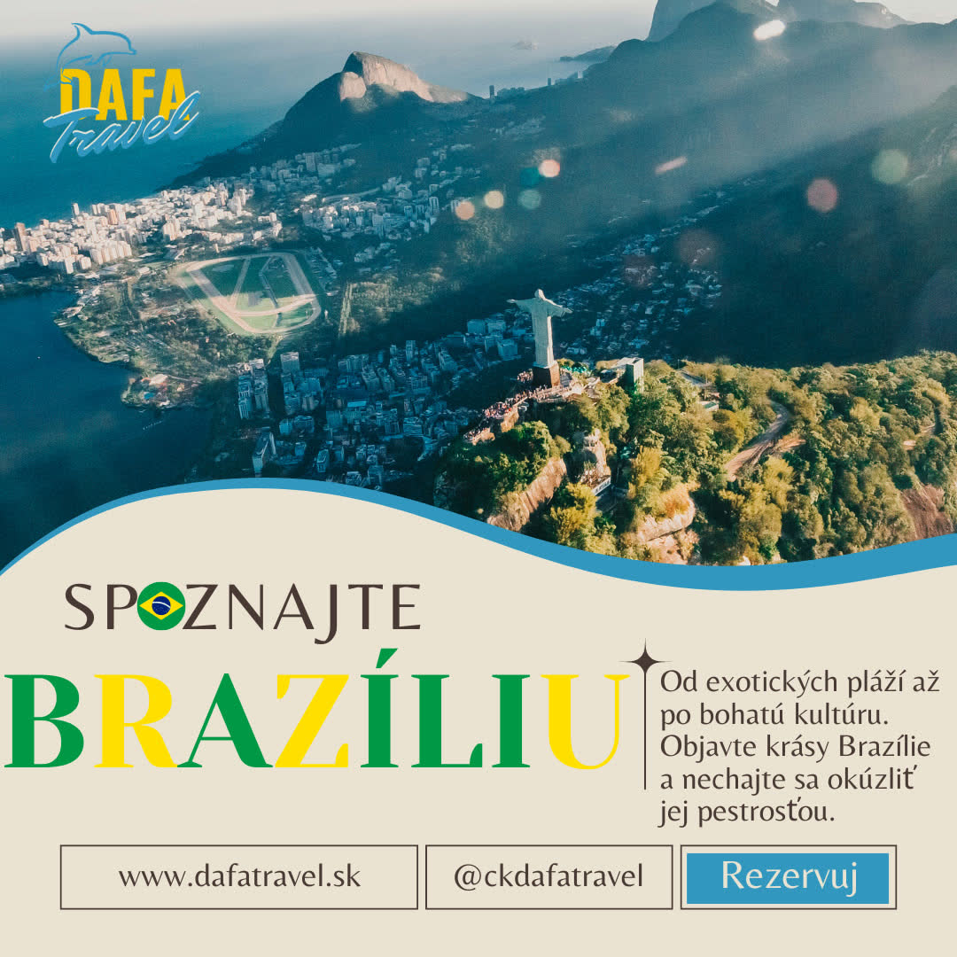 Brazília. Výrazná typografia a priama výzva na rezerváciu.