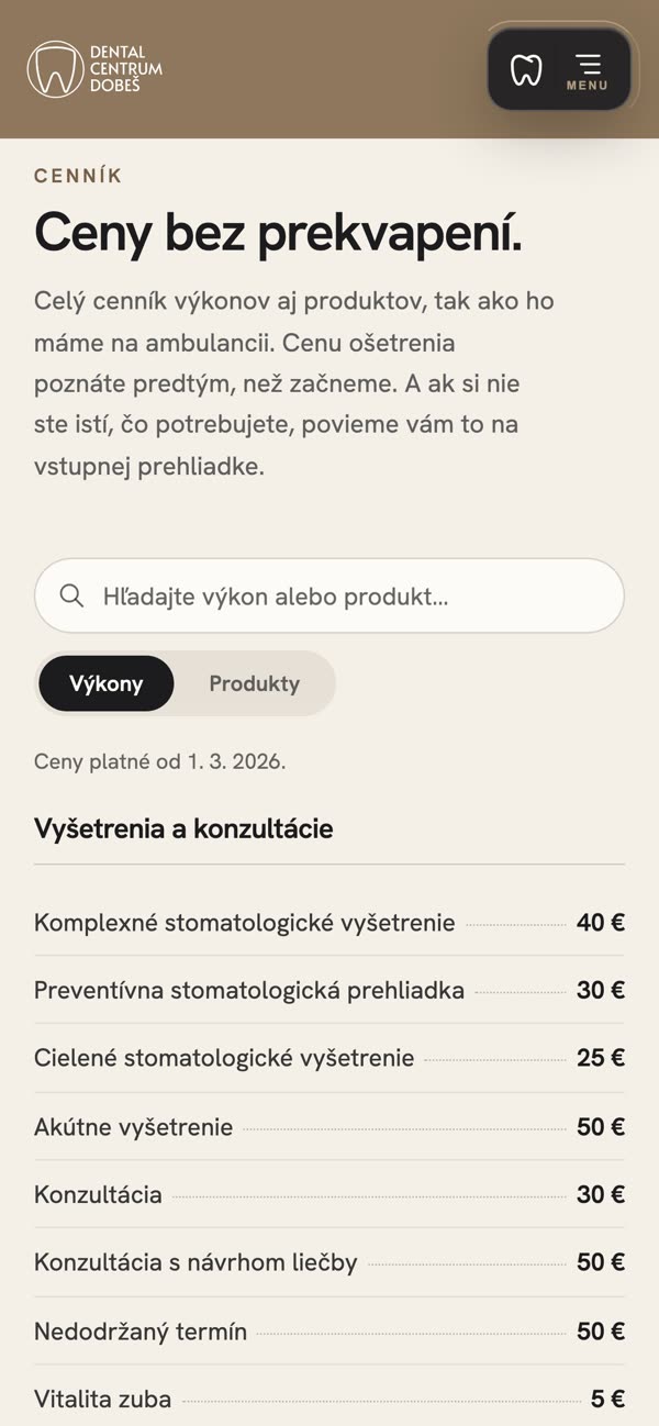 Cenník na mobile