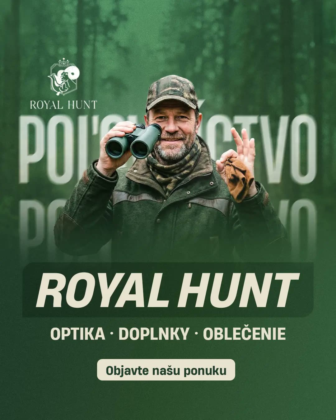Poľovníctvo: optika, doplnky a oblečenie v rovnakej šablóne, len v zelenej.
