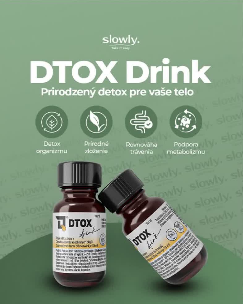 DTOX Drink. Štyri výhody v ikonách a produkt v popredí, aby bolo hneď jasné, čo robí.